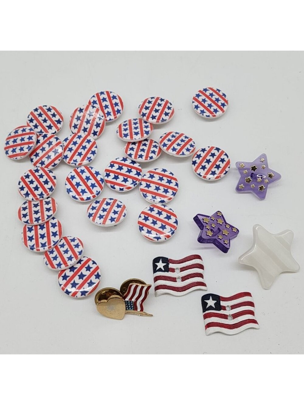 Patriotic Buttons & Pin Lot of 29 Stars Stripes Purple White Gold Accents Crafts
